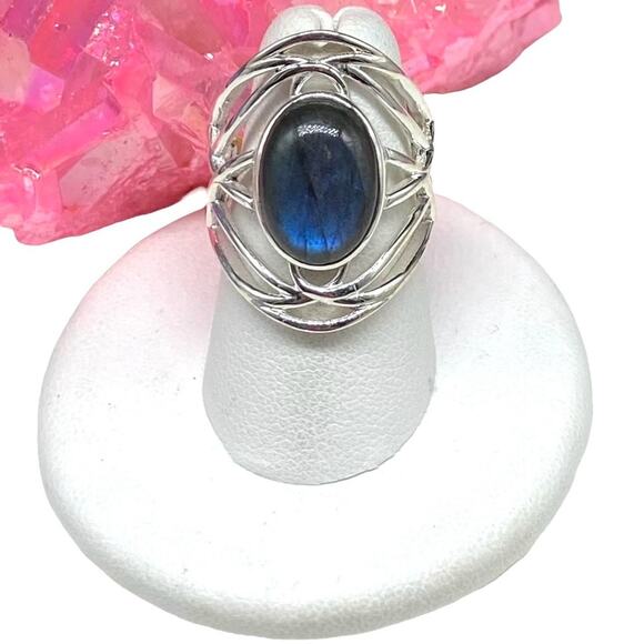 Labradorite Ring Size 6 Solid 925 Sterling Silver Oval Boho Statement Blue Flash - Picture 2 of 10